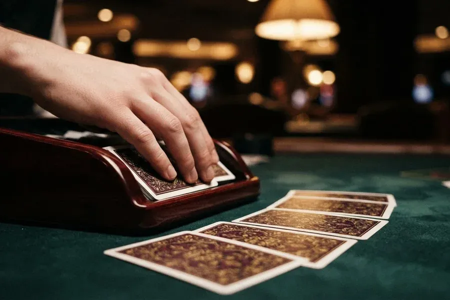 A hand draws a playing card from a wooden card shoe beside several face-down cards on green felt.