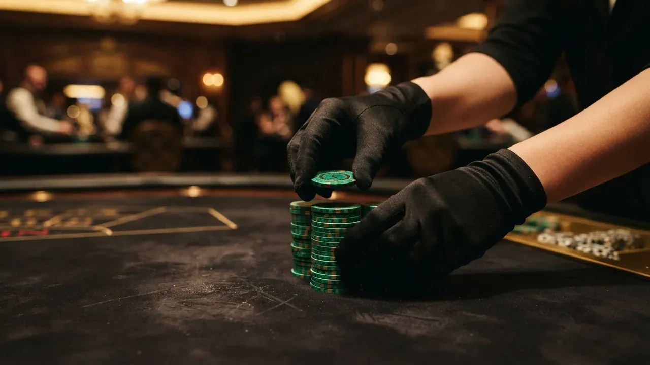 Black-gloved hands stack green chips on a dark gaming table.