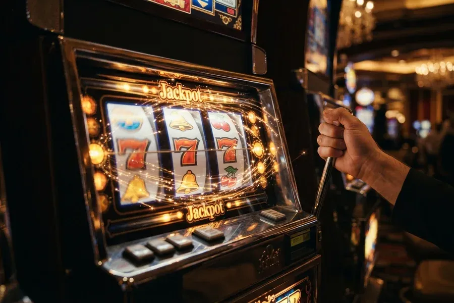 A hand grips the lever beside a brightly lit slot machine with colorful reels.